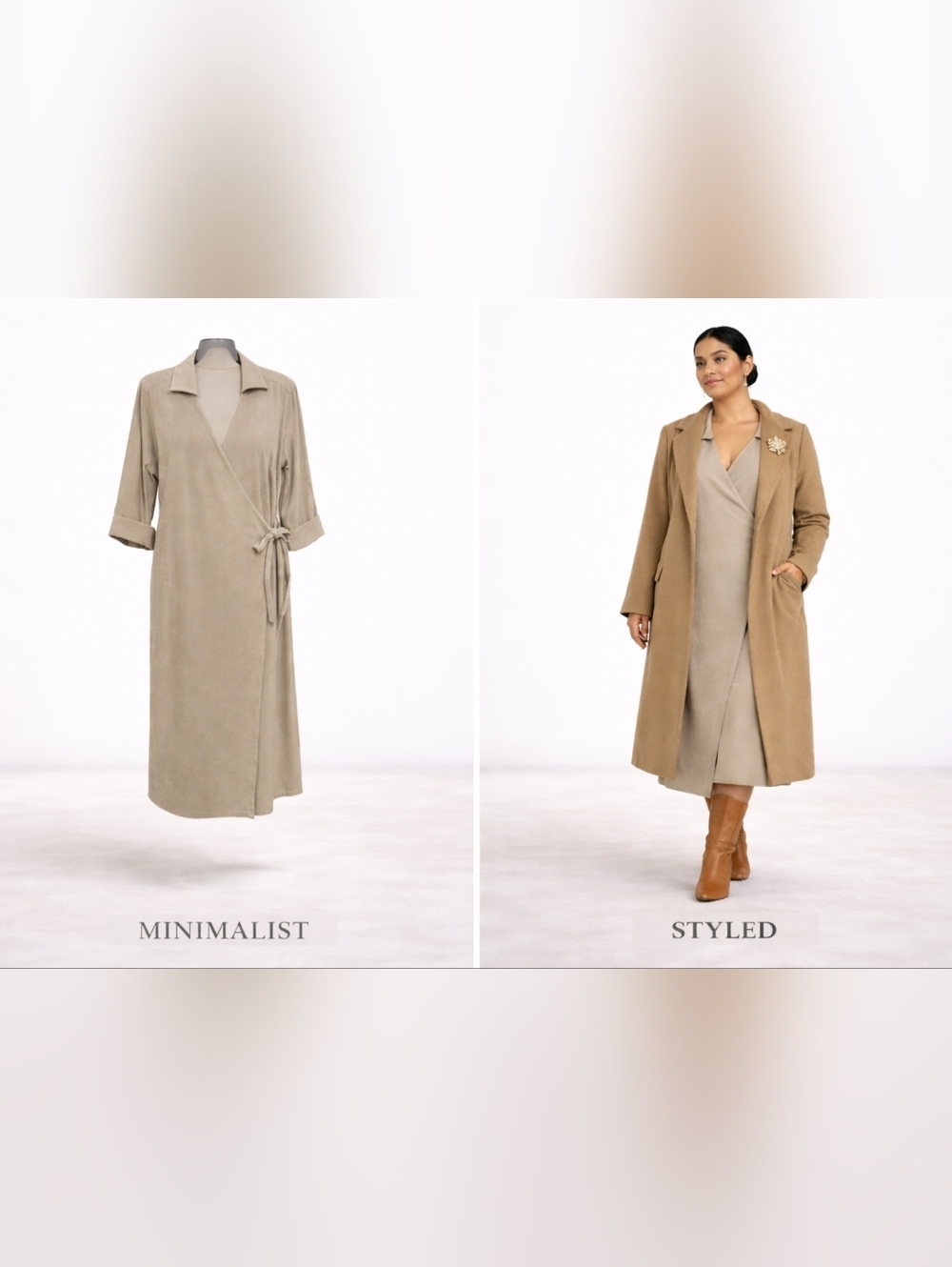 Selene Sport 1X Sand Wrap Midi Dress V-Neck Minimalist